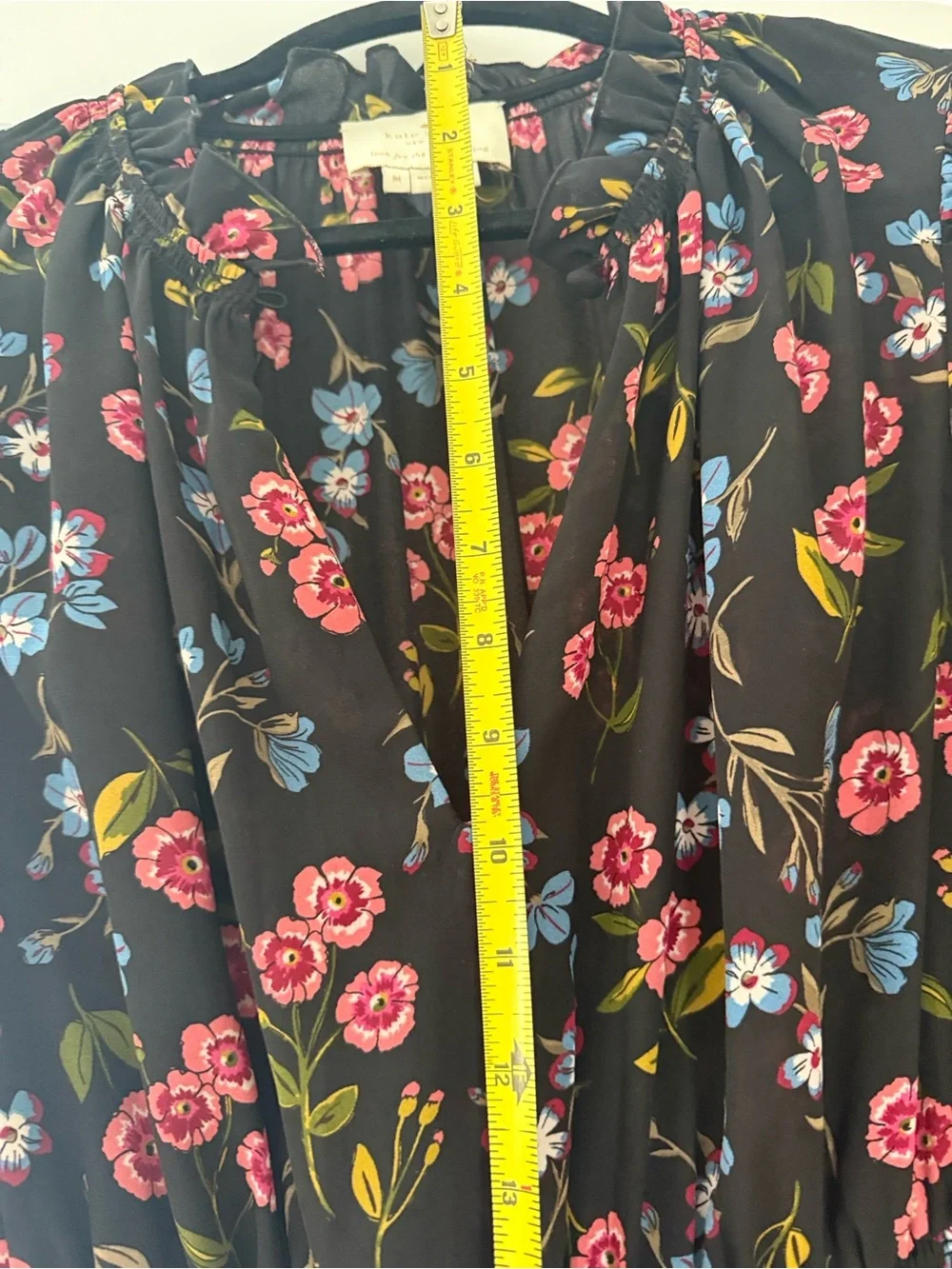 kate spade Black Floral Long-Sleeve Ruffle Neck Dress with Pink & Blue Blooms